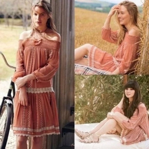 Anthropologie Dresses & Skirts - ANTHROPOLOGIE FLOREAT Orchard Off the Shoulder Drop Waist Dress Rose Blush sz M